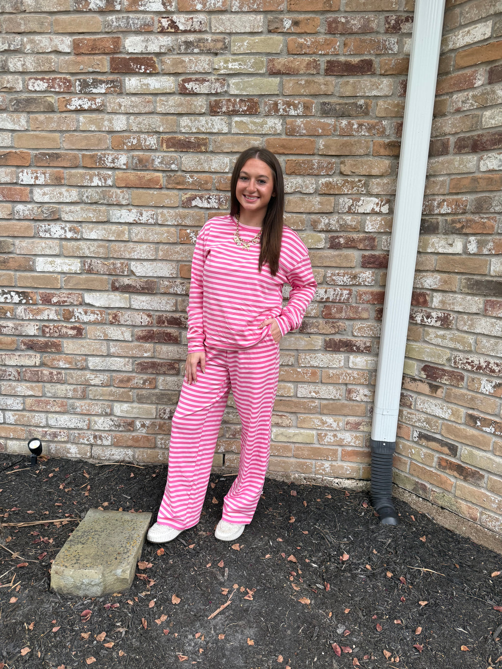 Pink Stripe Drop Shoulder Round Neck Top and Buttoned Straight Pants Two Piece Set