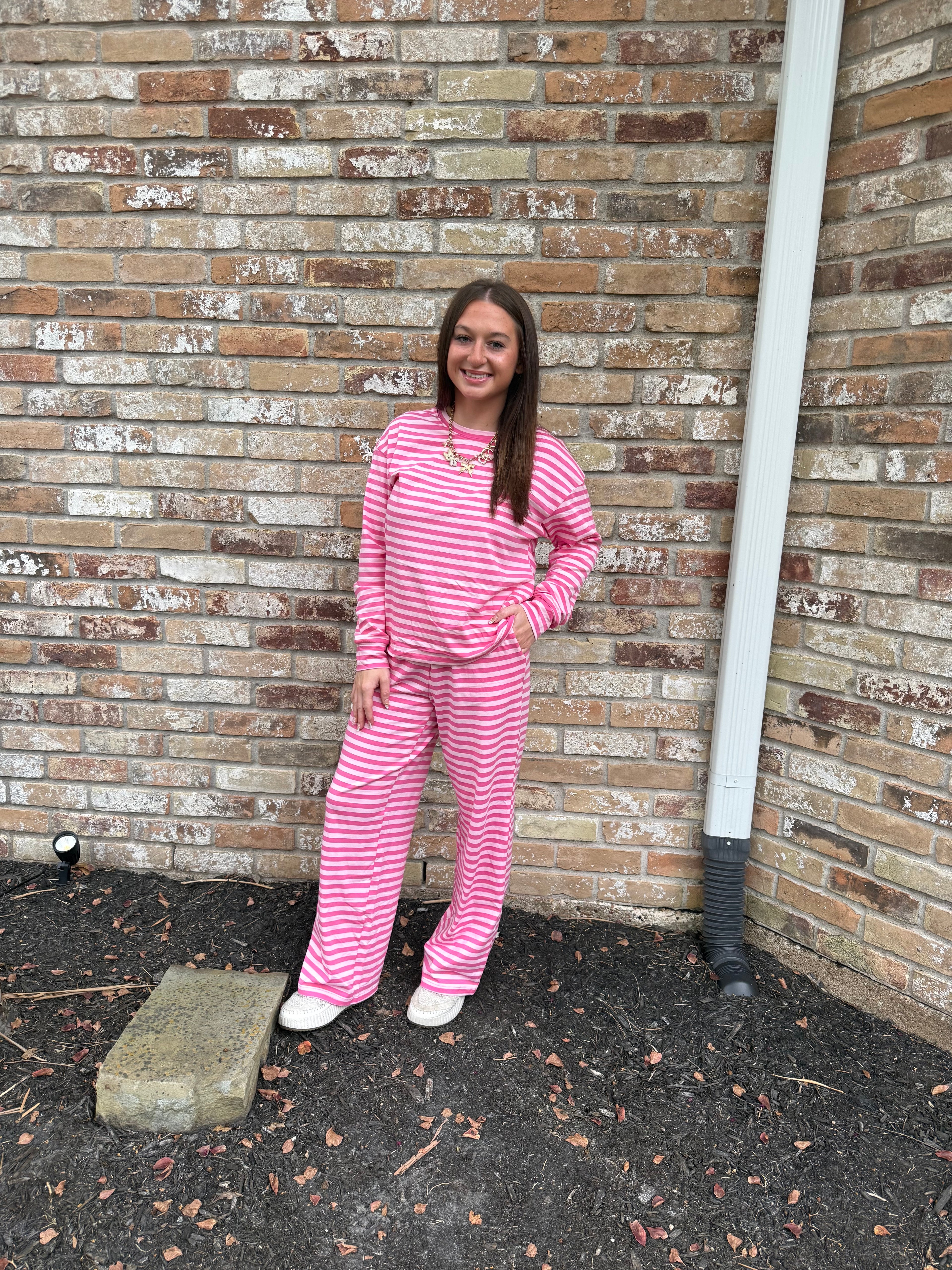 Pink Stripe Drop Shoulder Round Neck Top and Buttoned Straight Pants Two Piece Set