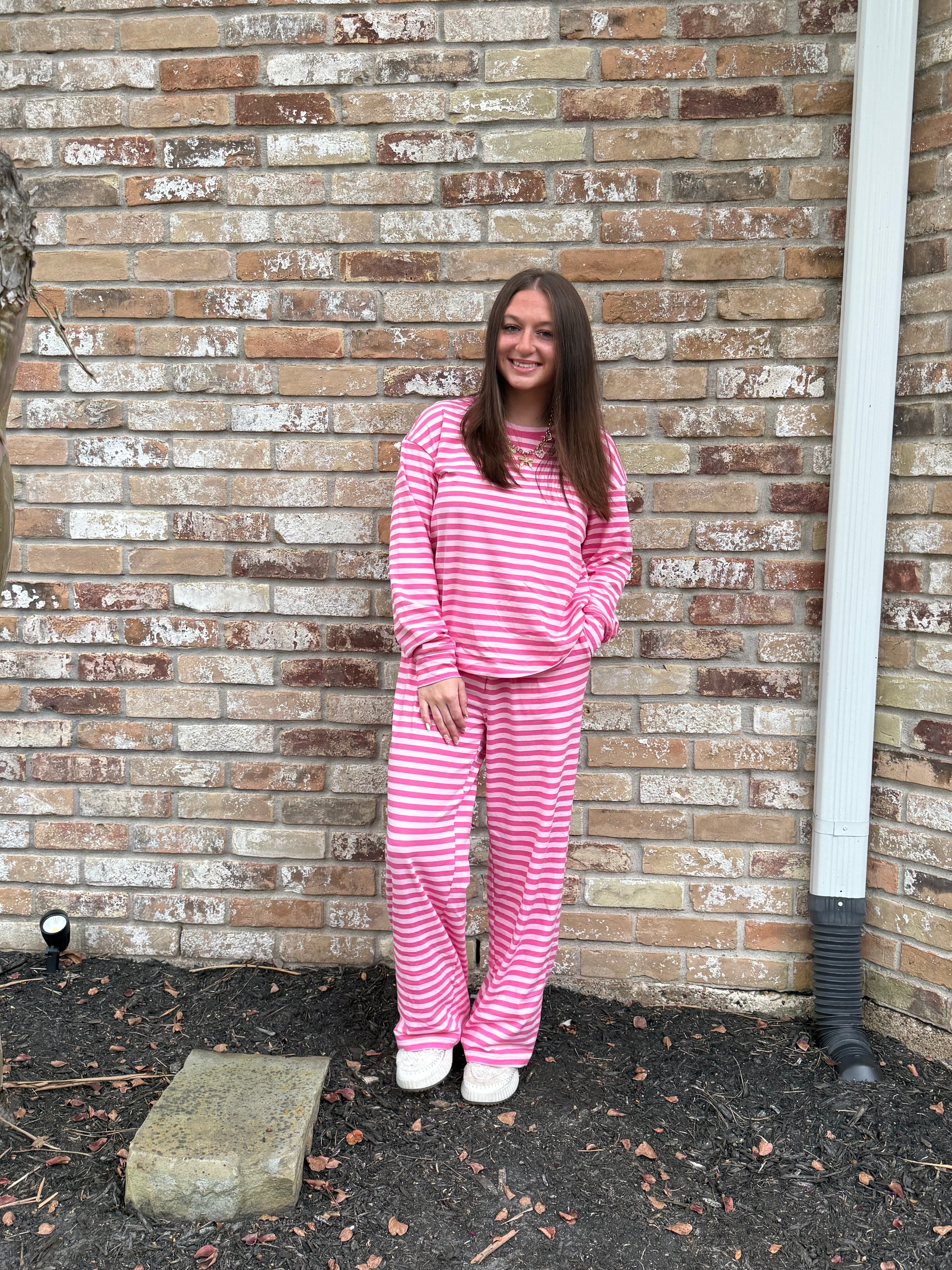 Pink Stripe Drop Shoulder Round Neck Top and Buttoned Straight Pants Two Piece Set